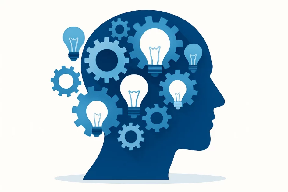 Symbolbild: Kopf mit Zahnrädern und Glühbirnen – steht für Mindset in der Transformation.“ Bild im Mittelteil zur Veranschaulichung von Teamdynamik