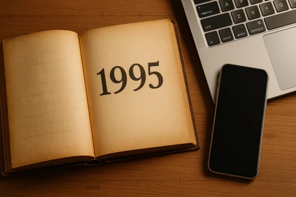 Aufgeschlagenes Buch mit dem Jahr 1995 neben moderner Technologie - symbolisiert 30 Jahre Scrum-Geschichte von den Anfängen bis heute